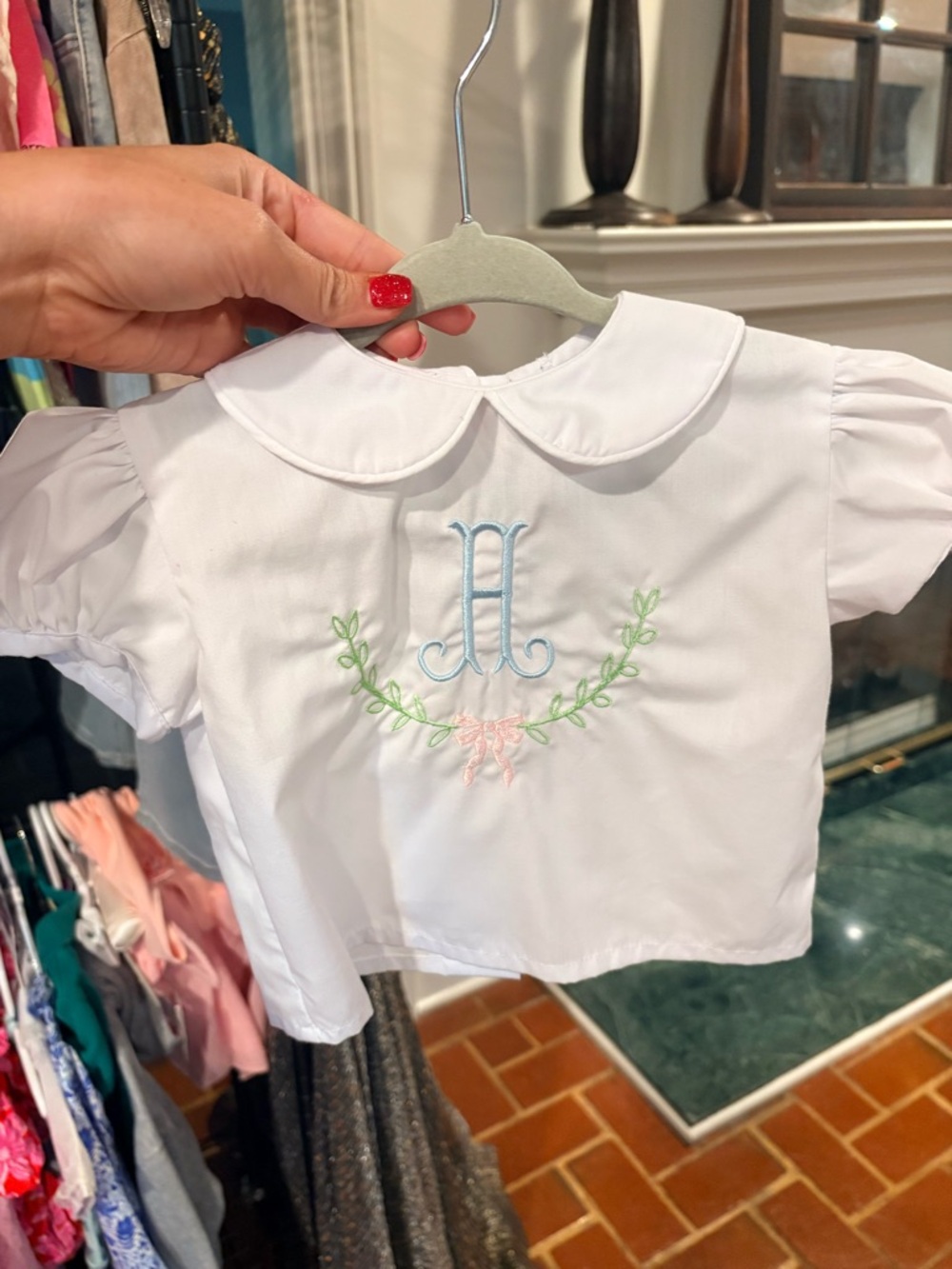 White Peter Pan Collar Baby Top with Pastel Embroidery